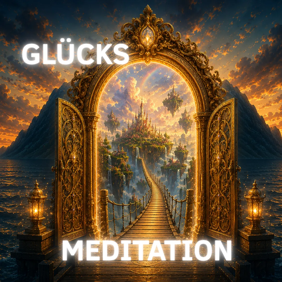 Glücks-Meditation Podcast-Thumbnail mit leuchtendem Tor zu einer inneren Welt