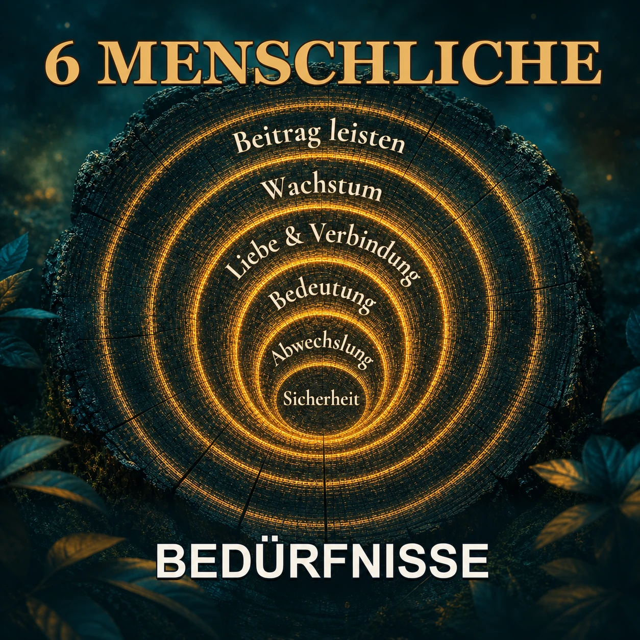 Leuchtende Baumringe als Symbol für die 6 menschlichen Bedürfnisse