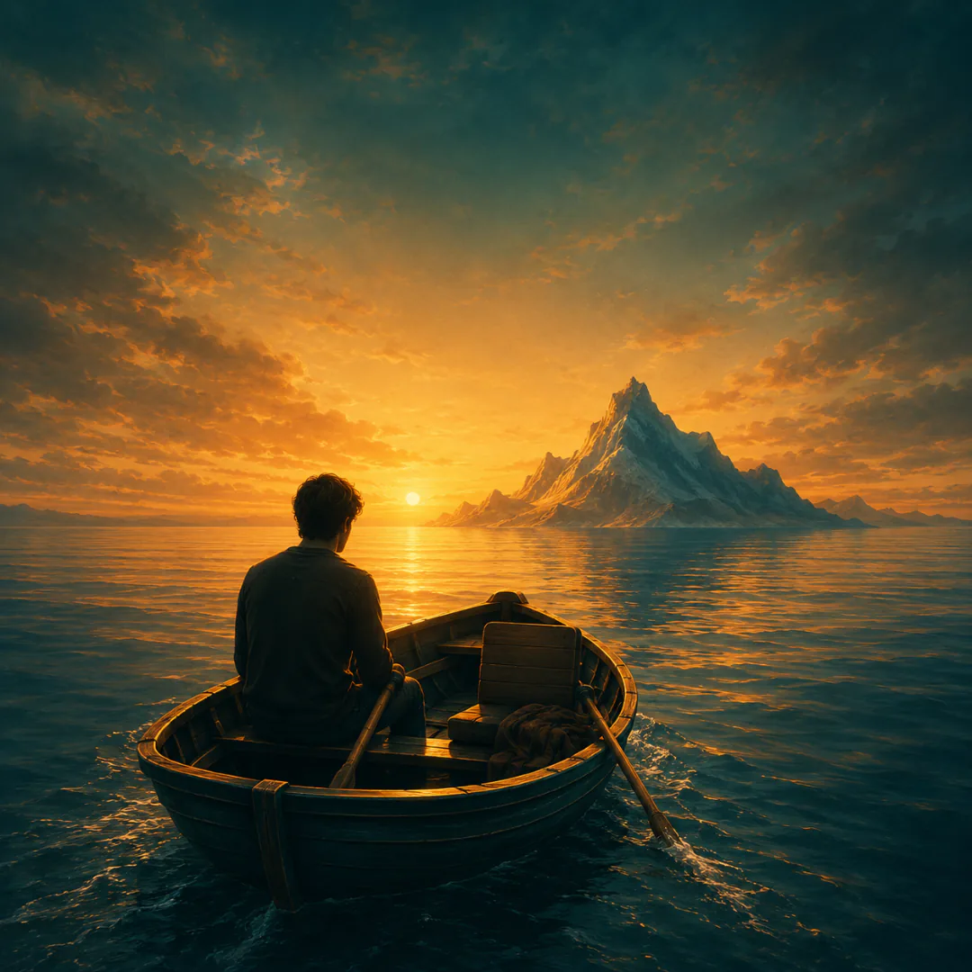 A person in a rowing boat on calm water, looking towards a golden evening sun
