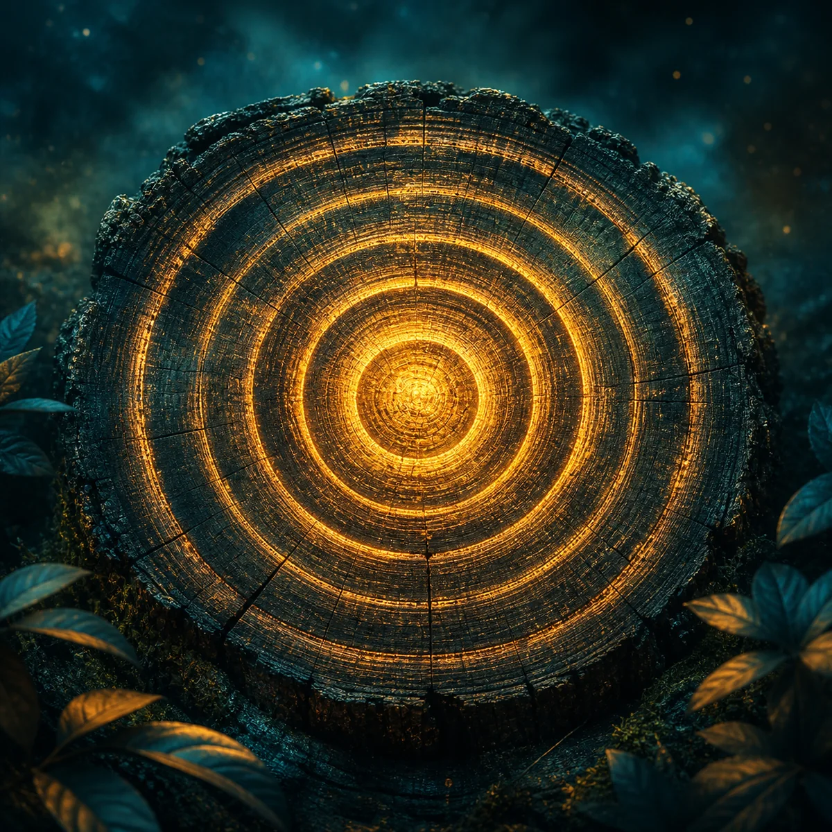Glowing tree rings symbolising layers of human needs