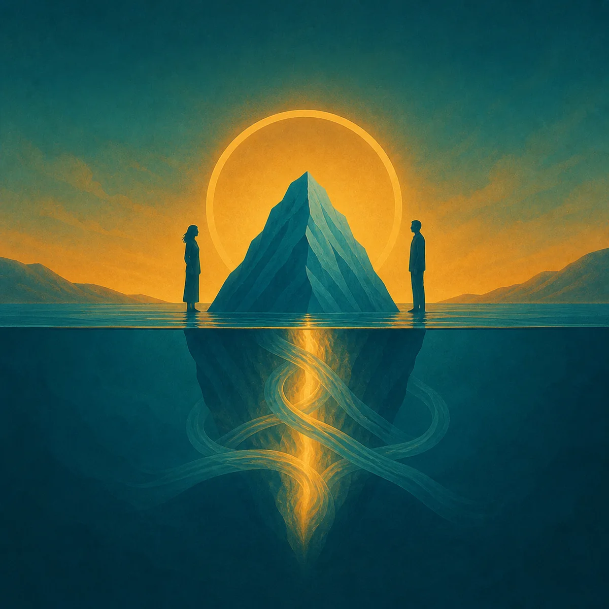Two people beside an iceberg as a knot of jealousy and needs loosens beneath the surface