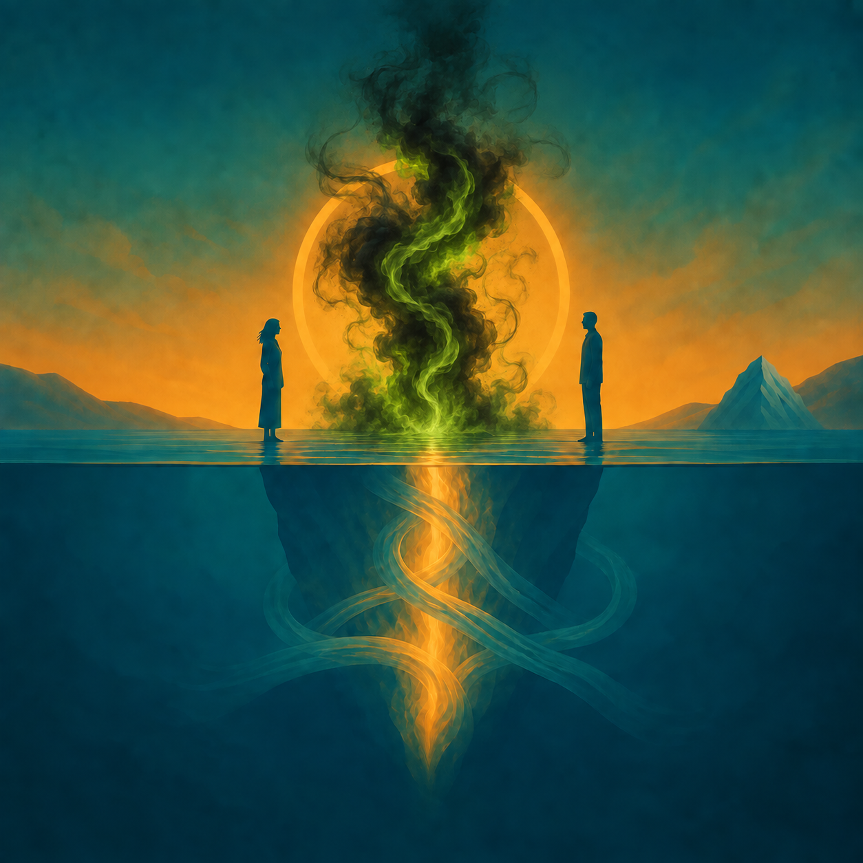 A couple by a petrol-blue lake with a black and poisonous green smoke vortex above the water and an iceberg far in the right background