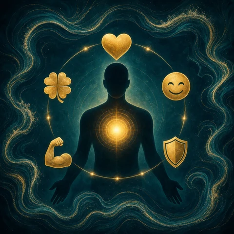 A glowing golden resource centre surrounded by symbols of helpful inner states