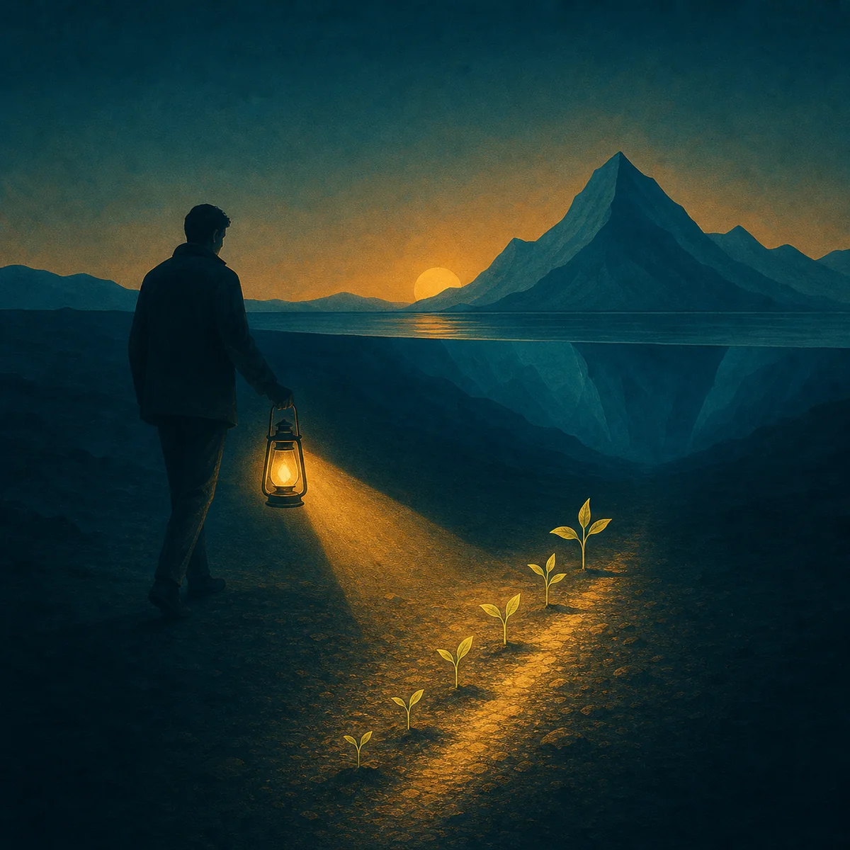 A person holding a lantern whose light reveals a path and young plants