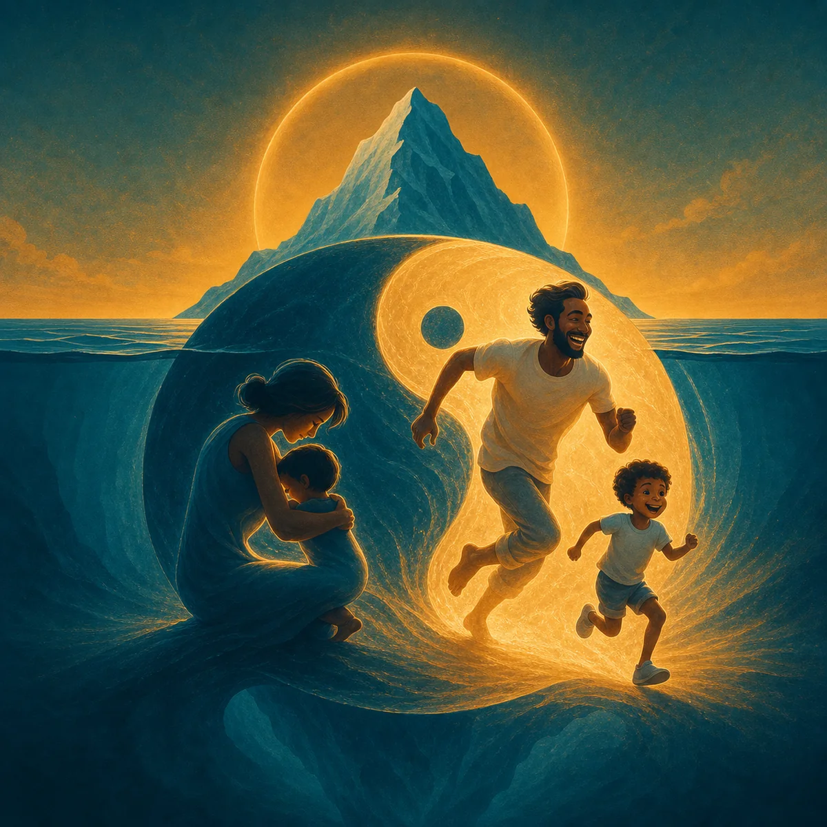 A Yin-Yang with a mother embracing her child and a father racing his son