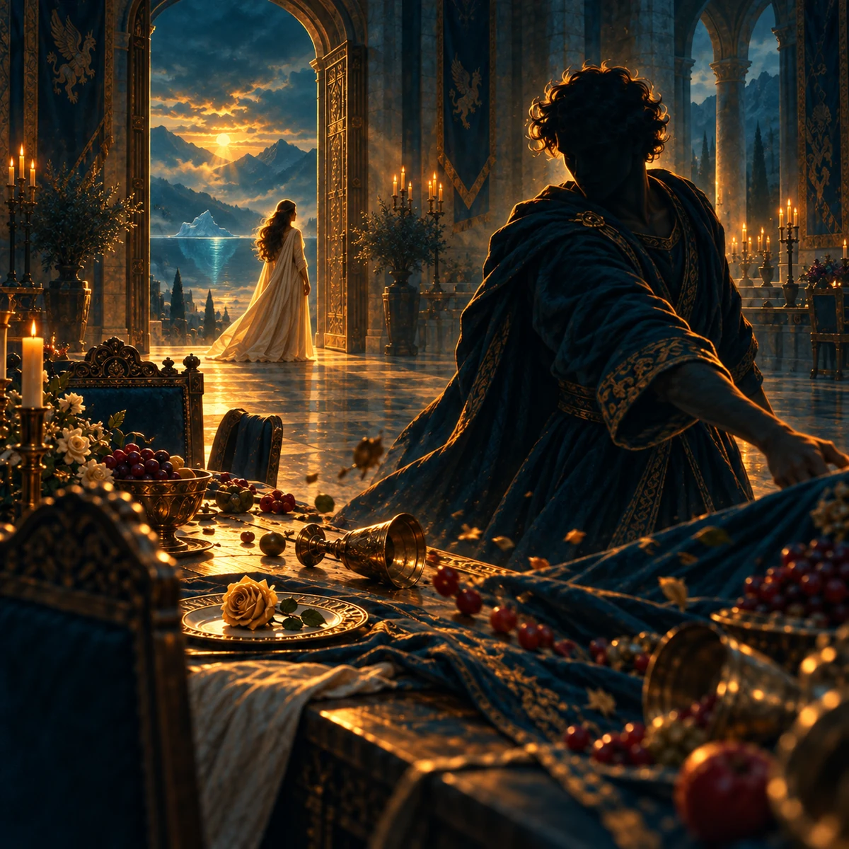 A silhouetted figure clears a table in a teal banquet hall; an empty place with a golden rose, a person in the doorway and an iceberg in the lake suggest rage and fear of being left.