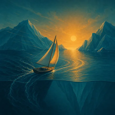 A sailing boat correcting its course towards golden light
