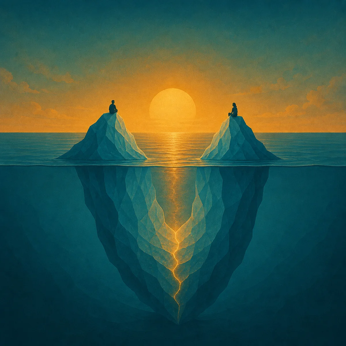 Two distinct icebergs sharing a stable foundation beneath the surface