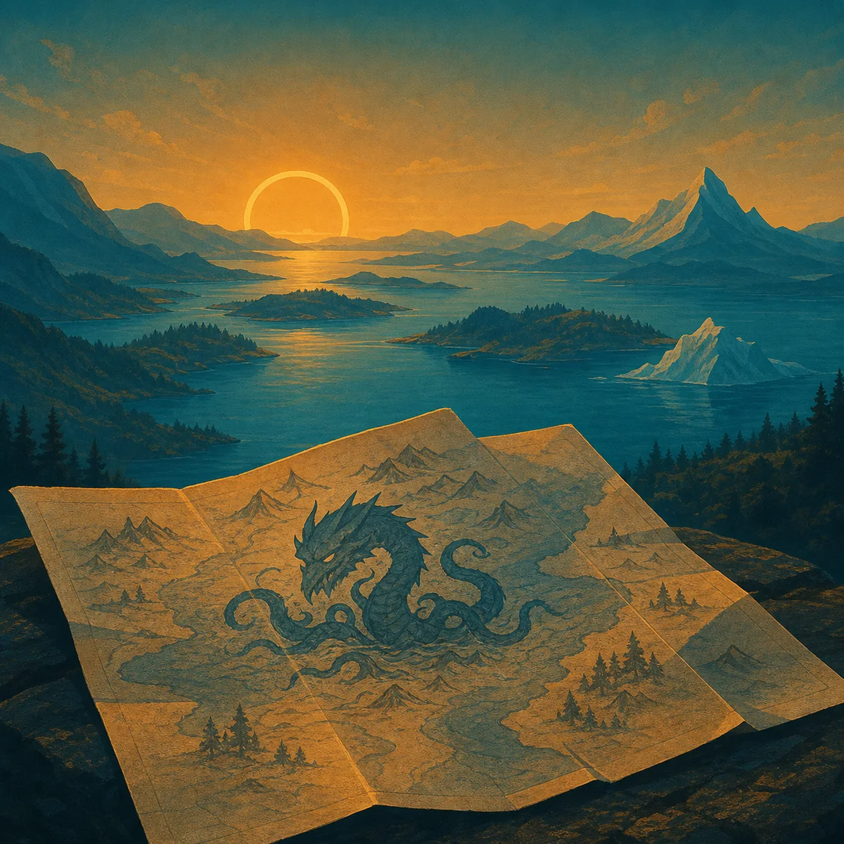 A folded map with a drawn monster before a layered mountain and water landscape