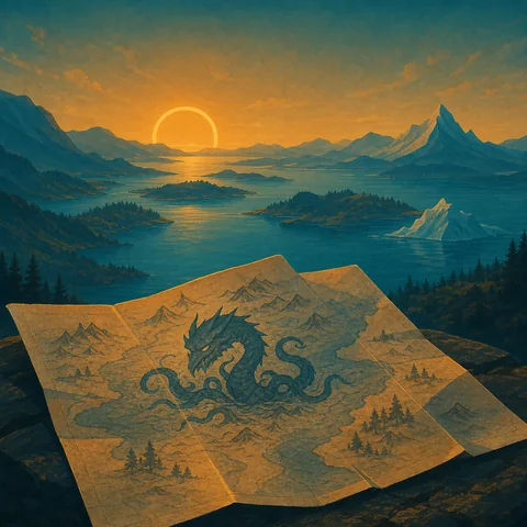 A folded map with a drawn monster before the real landscape