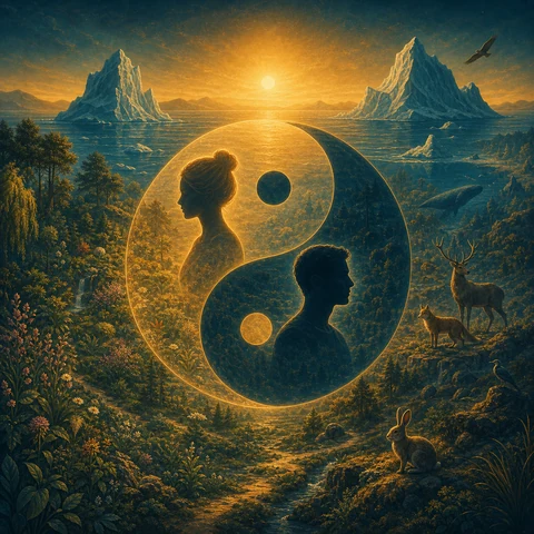 A translucent Yin-Yang before a landscape with plants, animals and two icebergs