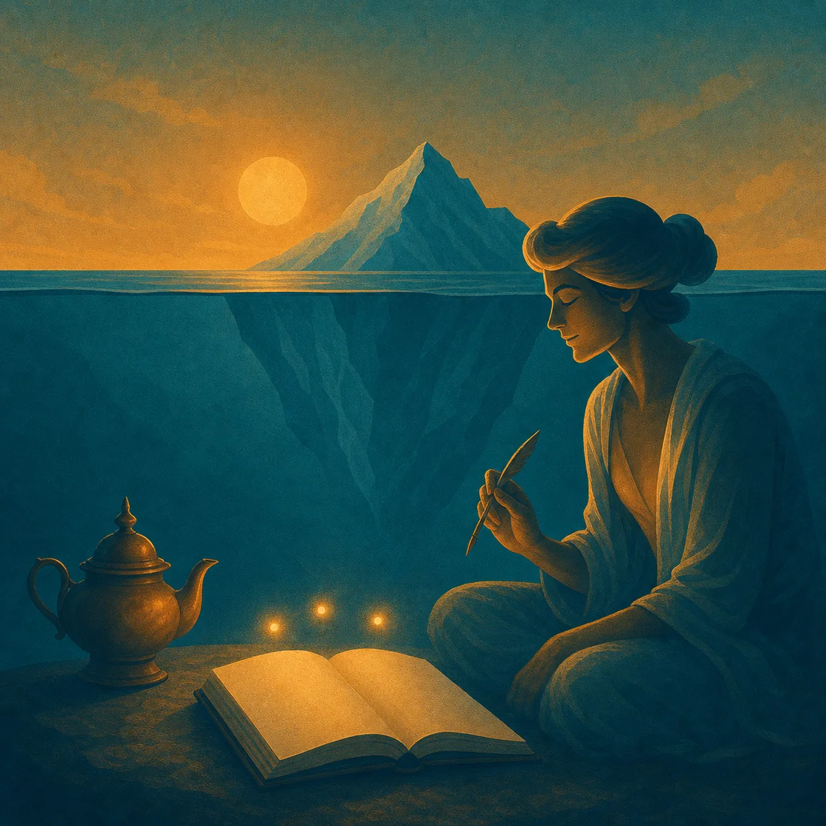 A quiet morning ritual with a pen, open journal and teapot in golden morning light