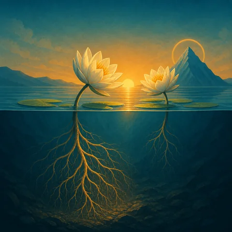 Rooted water lilies representing connection and inner strength