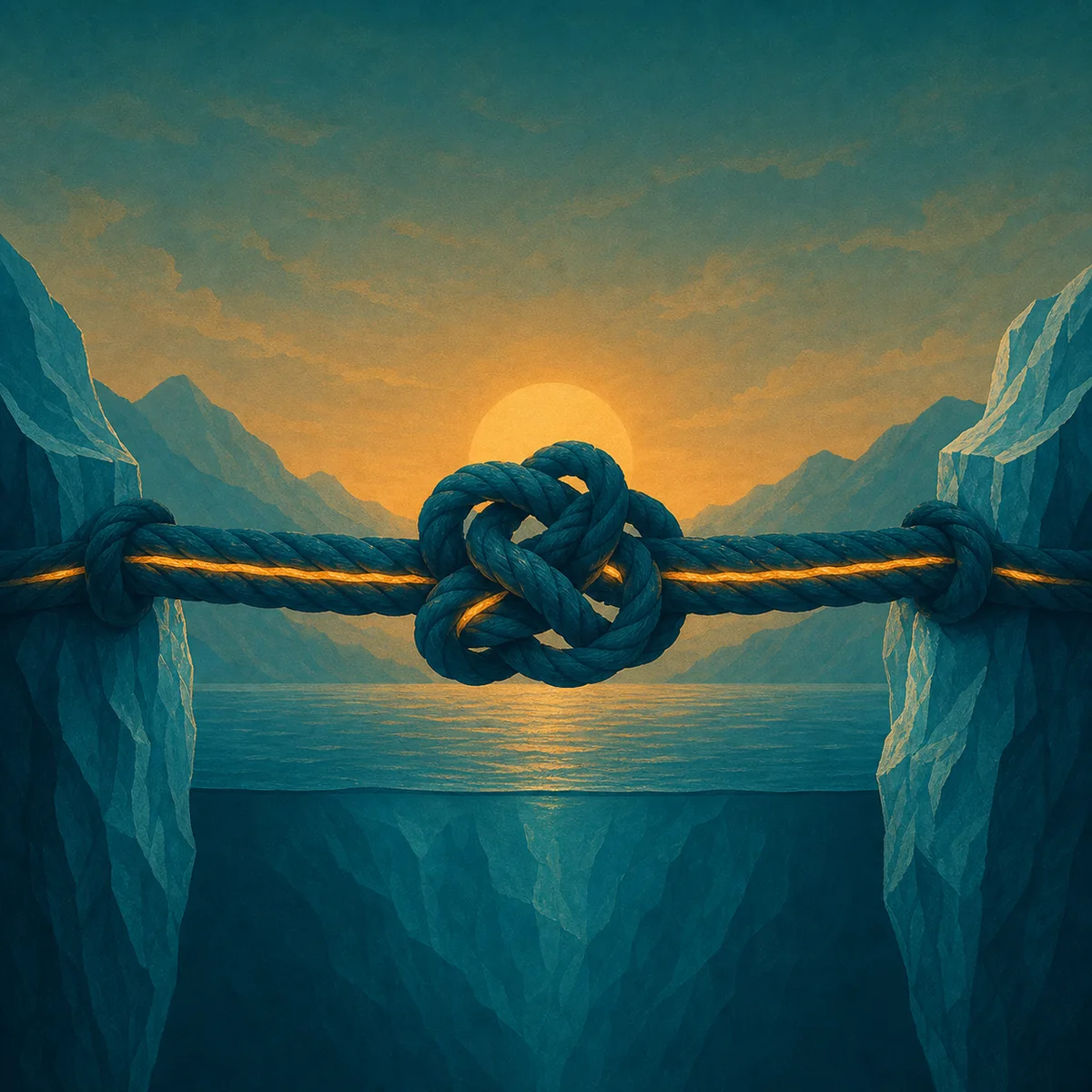 A knotted rescue rope with a continuous golden strand between two cliffs