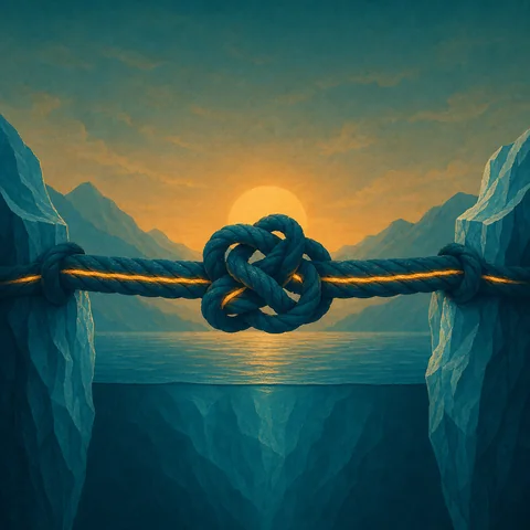 A knotted rescue rope with a connecting golden core
