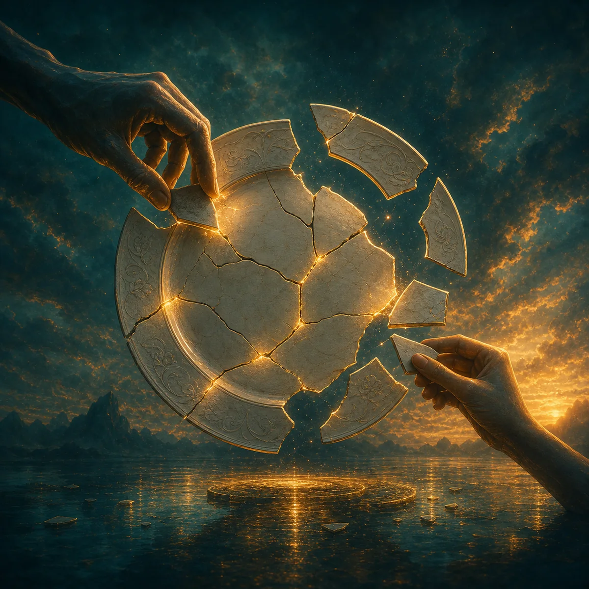 Two hands piecing together a broken plate