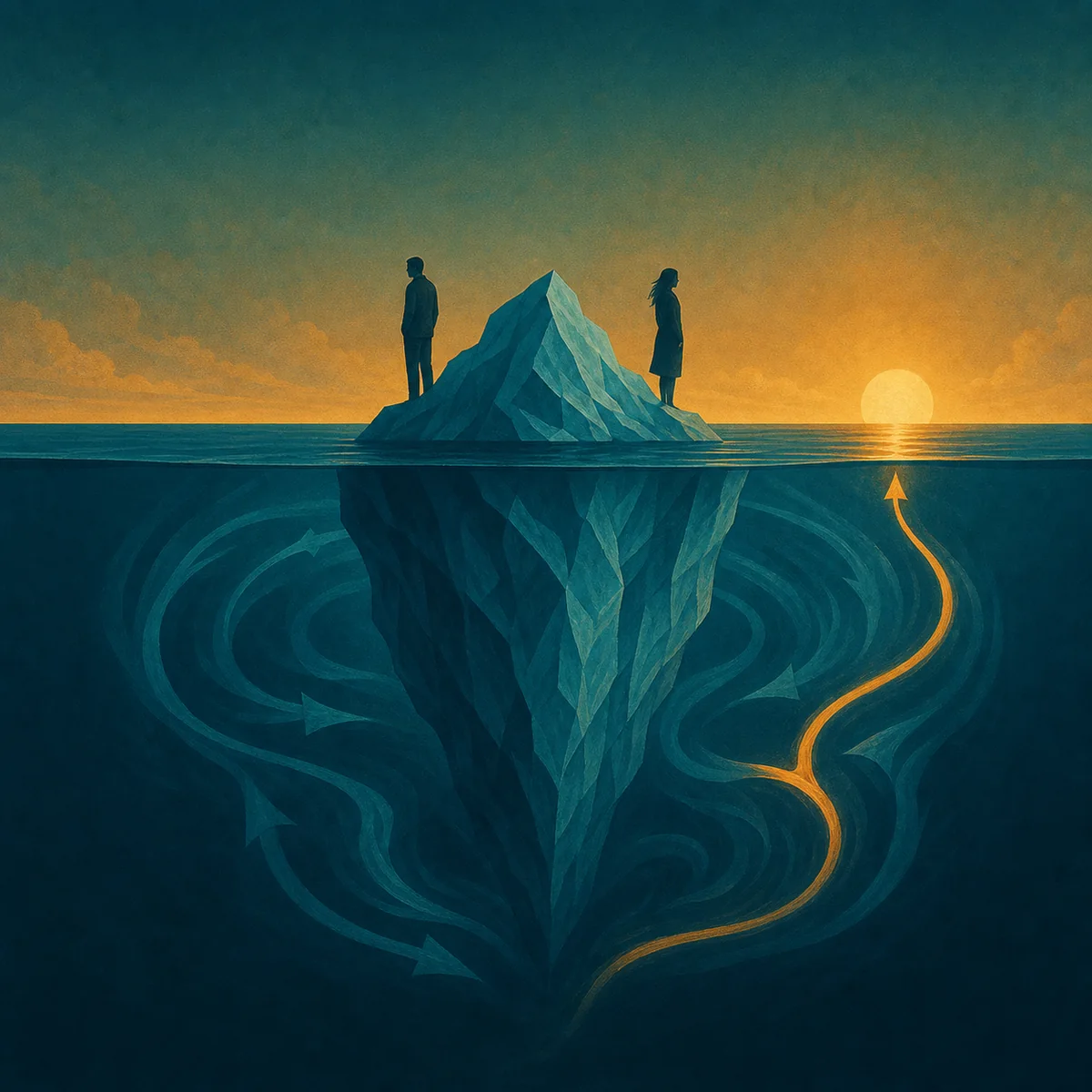Two people on an iceberg with recurring relationship patterns visible beneath the surface