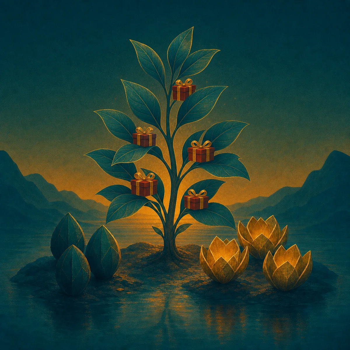 Three dark seed pods, three golden flowers and a young shared plant