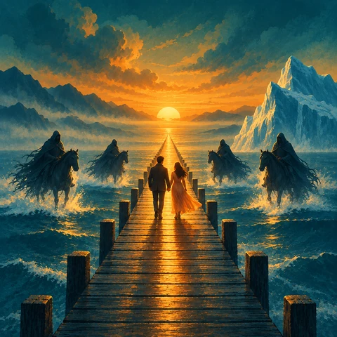 Ein Paar geht Hand in Hand über einen Steg in die untergehende Sonne; vier Reiter stehen im Wasser und rechts ragt ein Eisberg auf