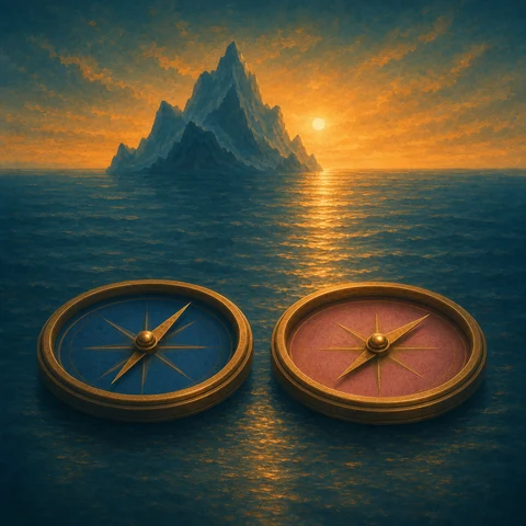 Two flat compasses with blue and pink needles in front of an iceberg, water and a golden sun