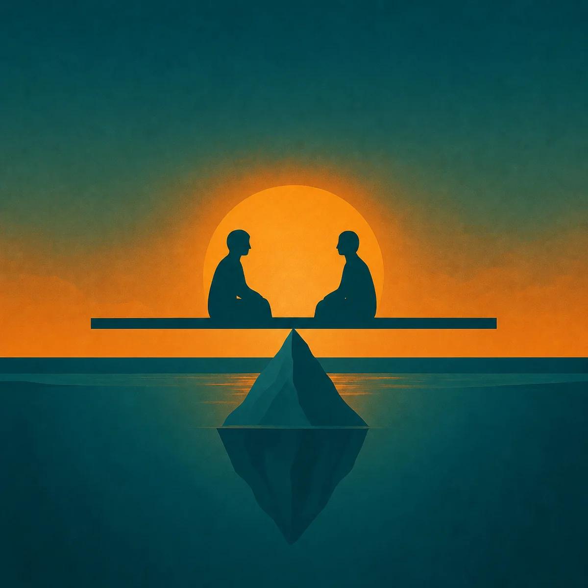 Two people in dialogue above an iceberg representing what remains beneath the surface